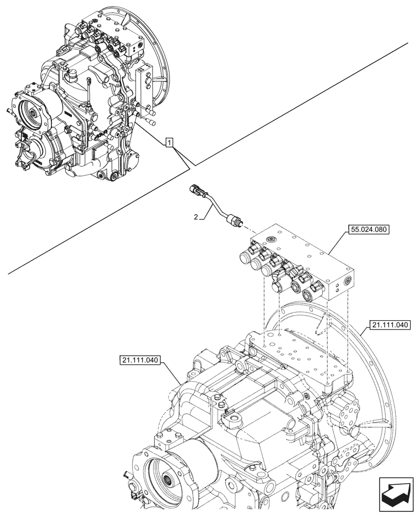 Схема запчастей Case 590SN - (55.021.010) - VAR - 423060 - TRANSMISSION, SEMI-POWERSHIFT, COMPONENTS, PRESSURE SENSOR, 2WD (55) - ELECTRICAL SYSTEMS