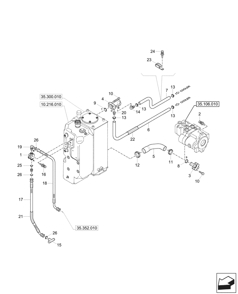 Схема запчастей Case CX26C - (35.300.020) - HYDRAULIC OIL RESERVOIR, LINES (35) - HYDRAULIC SYSTEMS