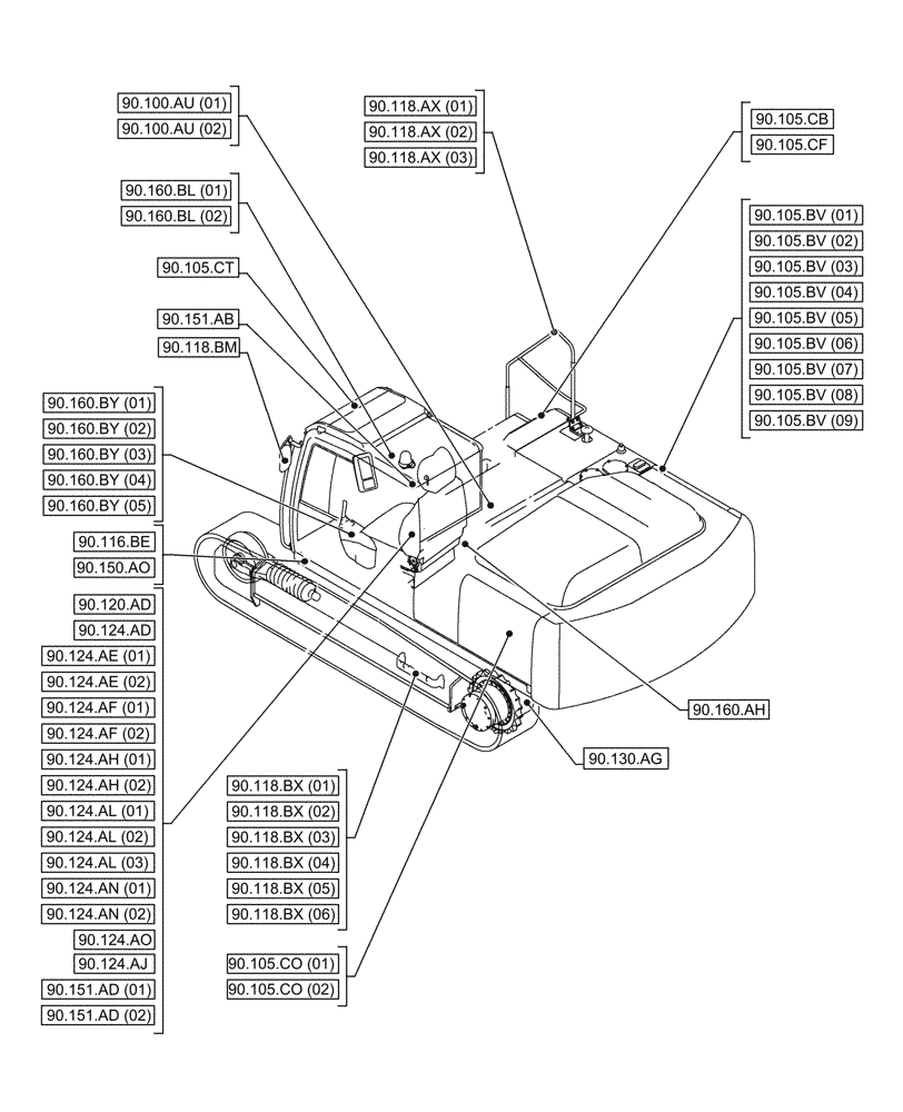 Схема запчастей Case CX350D LC - (90.000.00[01]) - SECTION INDEX - PLATFORM, CAB, BODYWORK & DECALS (90) - PLATFORM, CAB, BODYWORK AND DECALS