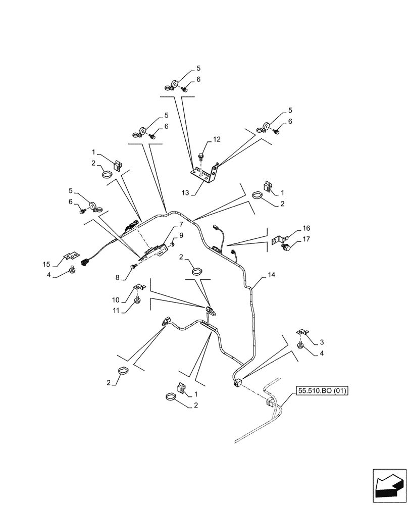 Схема запчастей Case CX350D LC - (55.510.BO[08]) - SELECTIVE CATALYTIC REDUCTION, MUFFLER, WIRE HARNESS (55) - ELECTRICAL SYSTEMS