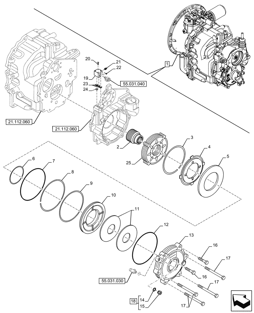 Схема запчастей Case 580SN - (33.110.020) - VAR - 423059 - TRANSMISSION, POWERSHUTTLE, COMPONENTS, PARKING BRAKE, DISC, 4WD (33) - BRAKES & CONTROLS