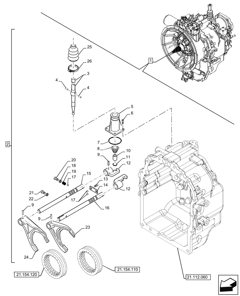 Схема запчастей Case 590SN - (21.134.050) - VAR - 423059 - TRANSMISSION, POWERSHUTTLE, COMPONENTS, CONTROL LEVER, 4WD (21) - TRANSMISSION