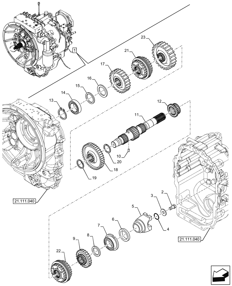 Схема запчастей Case 590SN - (21.152.040) - VAR - 423060 - TRANSMISSION, SEMI-POWERSHIFT, COMPONENTS, DRIVE SHAFT, 2WD (21) - TRANSMISSION