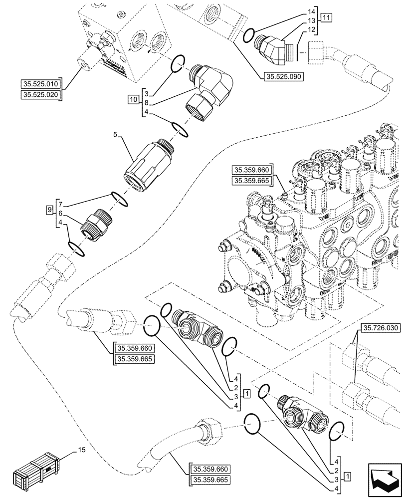 Схема запчастей Case 590SN - (35.525.080) - VAR - 423083 - AUXILIARY HYDRAULIC, LINE (35) - HYDRAULIC SYSTEMS