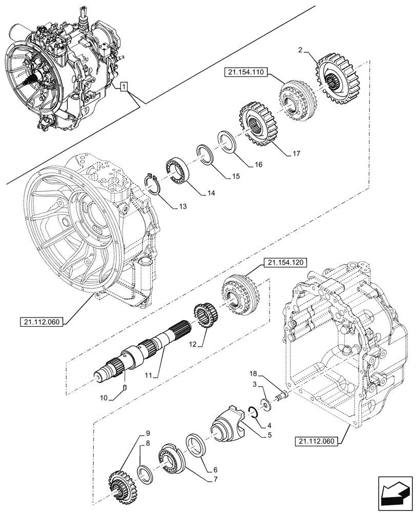 Схема запчастей Case 580SN - (21.154.100) - VAR - 423059 - TRANSMISSION, POWERSHUTTLE, COMPONENTS, DRIVE SHAFT, 4WD (21) - TRANSMISSION