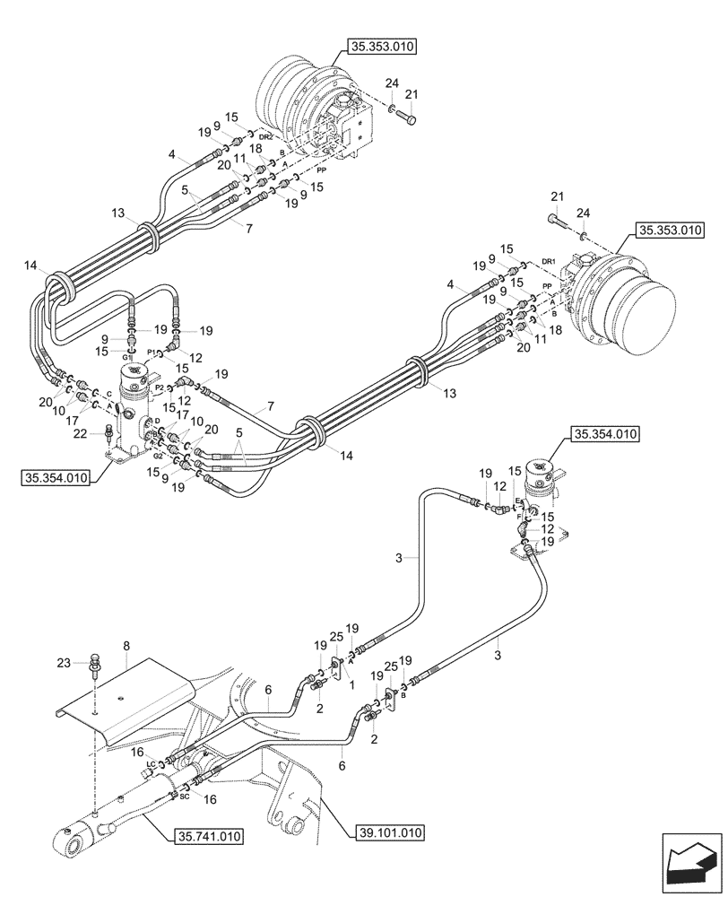 Схема запчастей Case CX26C - (35.353.040) - TRAVEL MOTOR & REDUCTION GEAR, LINES (35) - HYDRAULIC SYSTEMS