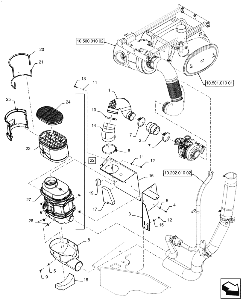 Схема запчастей Case 1121G - (10.202.010[01]) - AIR CLEANER AND HOSES (10) - ENGINE