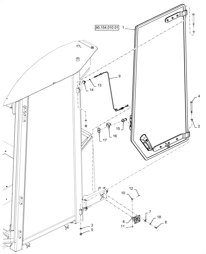 Схема запчастей Case 1121G - (90.154.010) - LEFT DOOR INSTALLATION (90) - PLATFORM, CAB, BODYWORK AND DECALS