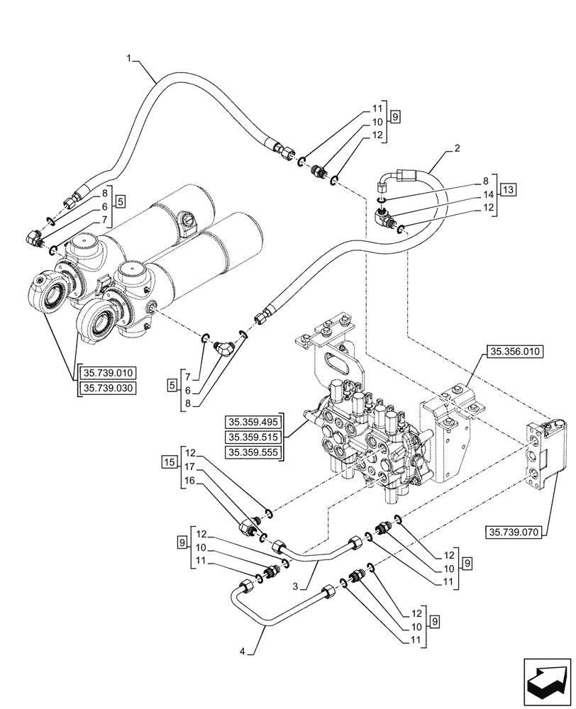 Схема запчастей Case 580SN WT - (35.739.060) - BOOM SWING, MECHANICAL, CONTROLS, DAMPING VALVE, LINE (35) - HYDRAULIC SYSTEMS