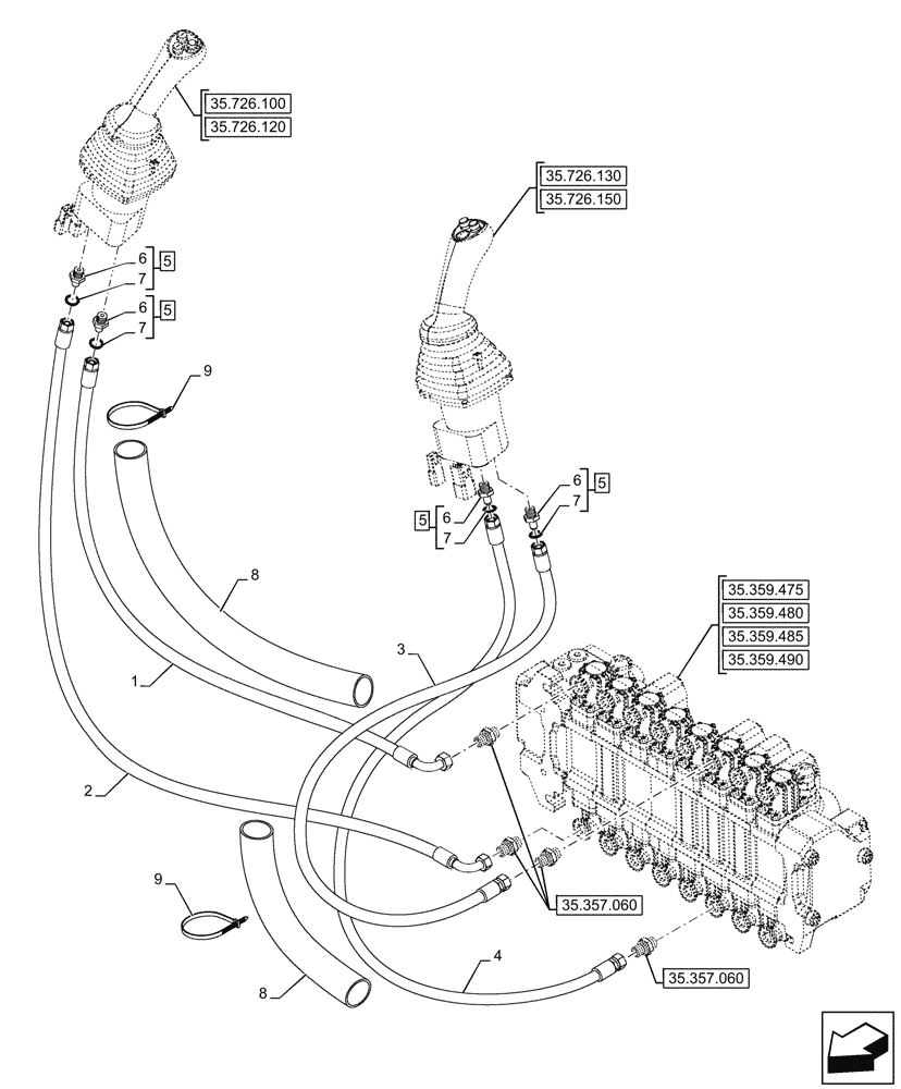 Схема запчастей Case 580SN WT - (35.357.070) - VAR - 423078, 747669 - PILOT CONTROLS, JOYSTICK, LINE (35) - HYDRAULIC SYSTEMS