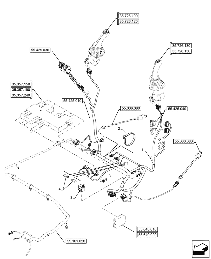 Схема запчастей Case 580SN - (55.425.020) - VAR - 423078, 747669 - BACKHOE ARM, PILOT CONTROLS, HARNESS (55) - ELECTRICAL SYSTEMS