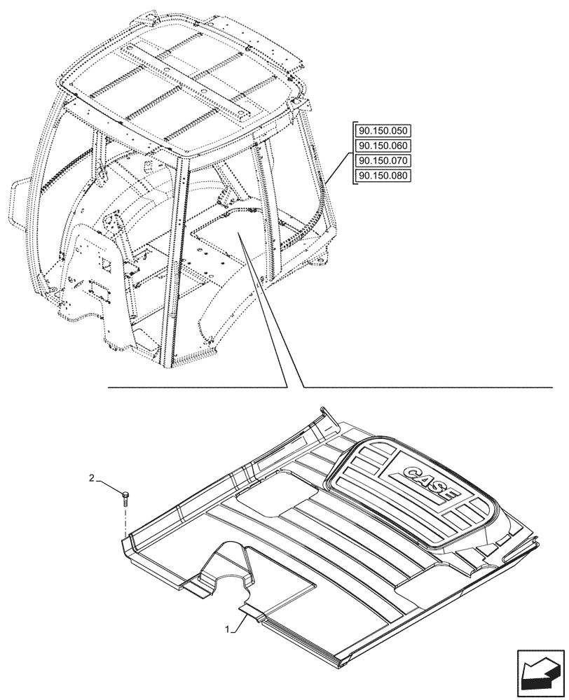 Схема запчастей Case 580SN - (90.160.240) - CAB, NARROW, FLOOR MAT, REAR, W/ PILOT CONTROLS (90) - PLATFORM, CAB, BODYWORK AND DECALS