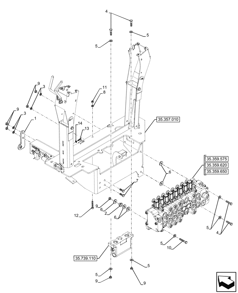 Схема запчастей Case 580SN WT - (35.357.090) - VAR - 423078 - BACKHOE ARM, PILOT CONTROLS, BRACKET (35) - HYDRAULIC SYSTEMS