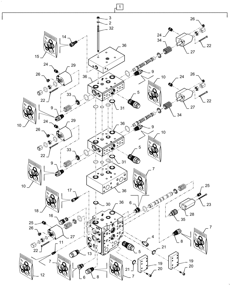 Схема запчастей Case 1021G - (35.359.040[01]) - VAR - 734053, 734054 - CONTROL VALVE ASSY - 3 FUNCTION, 4 SPOOL (35) - HYDRAULIC SYSTEMS