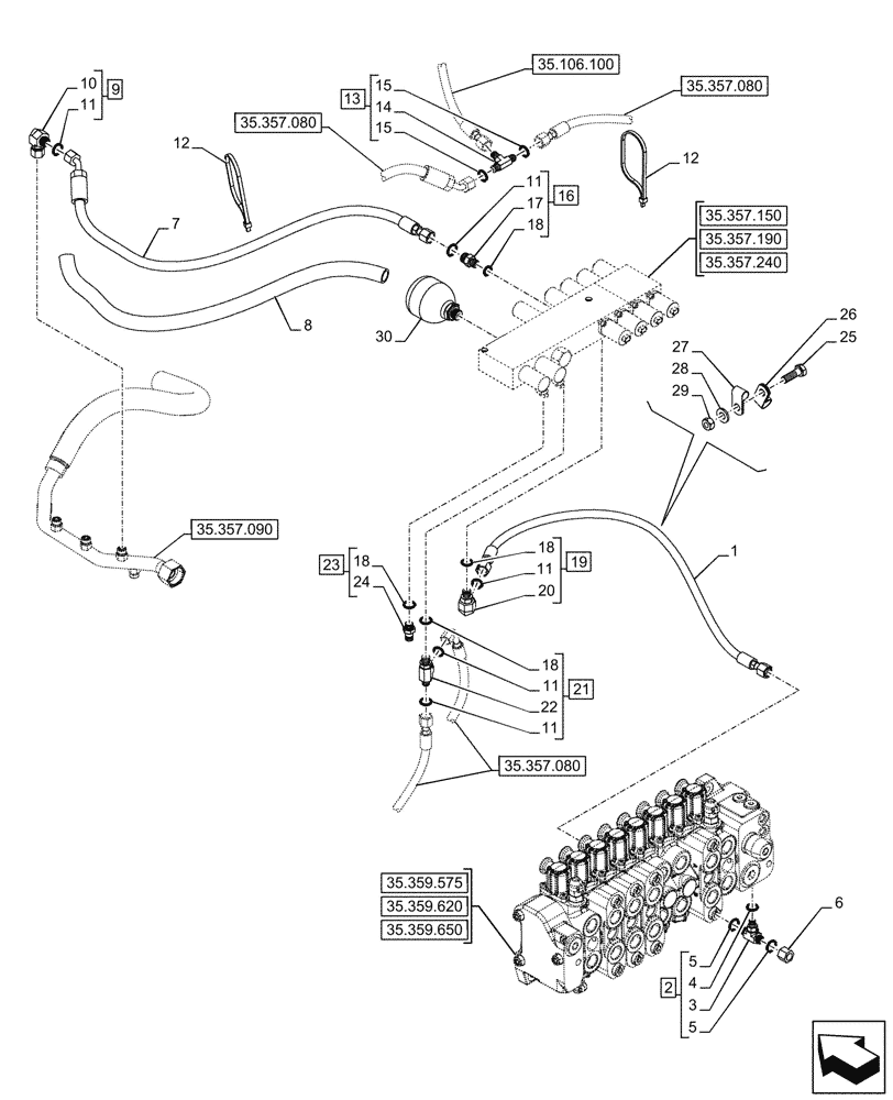 Схема запчастей Case 580SN WT - (35.357.100) - VAR - 423078 - BACKHOE ARM, PILOT CONTROLS, LINE (35) - HYDRAULIC SYSTEMS