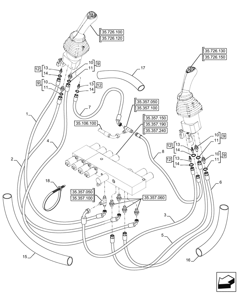 Схема запчастей Case 580SN - (35.357.080) - VAR - 423078, 747669 - PILOT CONTROLS, JOYSTICK, LINE (35) - HYDRAULIC SYSTEMS