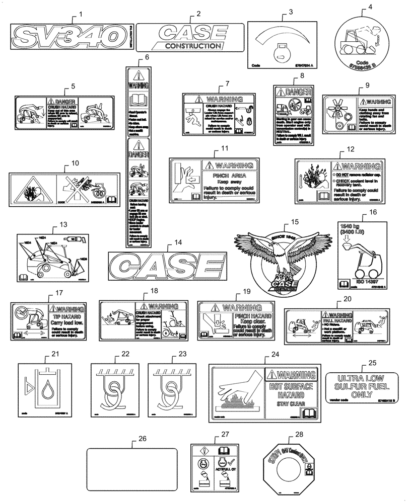 Схема запчастей Case SV340 - (90.108.020[01]) - DECALS (90) - PLATFORM, CAB, BODYWORK AND DECALS