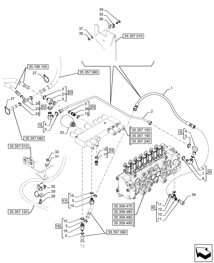 Схема запчастей Case 580N - (35.357.050) - VAR - 747669 - BACKHOE ARM, PILOT CONTROLS, LINE (35) - HYDRAULIC SYSTEMS