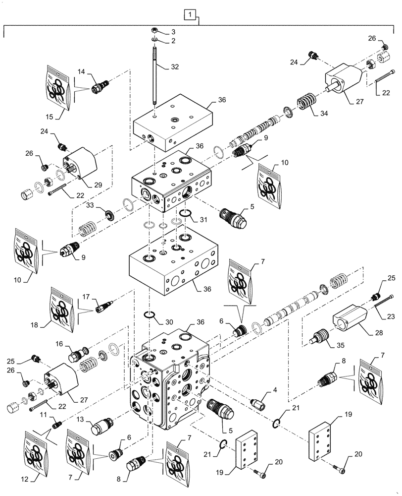 Схема запчастей Case 1021G - (35.359.010[01]) - VAR - 734051, 734052 - CONTROL VALVE ASSY, 2 FUNCTION, 3 SPOOL (35) - HYDRAULIC SYSTEMS