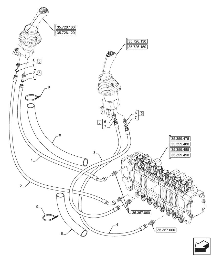 Схема запчастей Case 590SN - (35.357.070) - VAR - 423078, 747669 - PILOT CONTROLS, JOYSTICK, LINE (35) - HYDRAULIC SYSTEMS