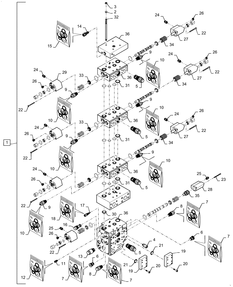 Схема запчастей Case 1021G - (35.359.030[01]) - VAR - 734055 - CONTROL VALVE ASSY - 4 FUNCTION, 5 SPOOL (35) - HYDRAULIC SYSTEMS