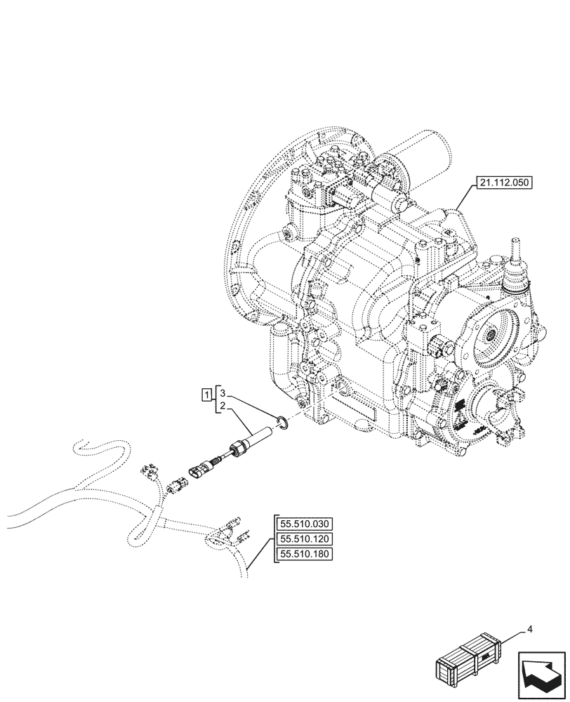 Схема запчастей Case 580SN WT - (55.020.040) - POWERSHUTTLE TRANSMISSION, AUTO RIDE CONTROL, SPEED SENSOR, 4WD (55) - ELECTRICAL SYSTEMS