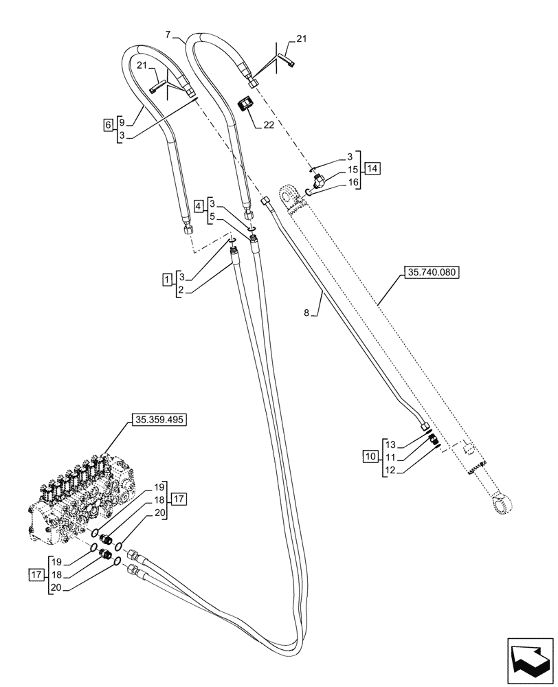 Схема запчастей Case 580SN WT - (35.740.090) - VAR - 423076 - COLD CLIMATE, EXTENDABLE DIPPER, CYLINDER, LINE (35) - HYDRAULIC SYSTEMS