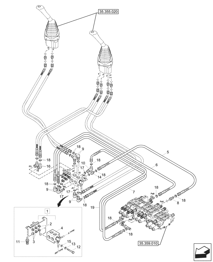 Схема запчастей Case CX26C - (35.355.050) - JOYSTICK, HYDRAULIC LINE, CONTROL VALVE (35) - HYDRAULIC SYSTEMS