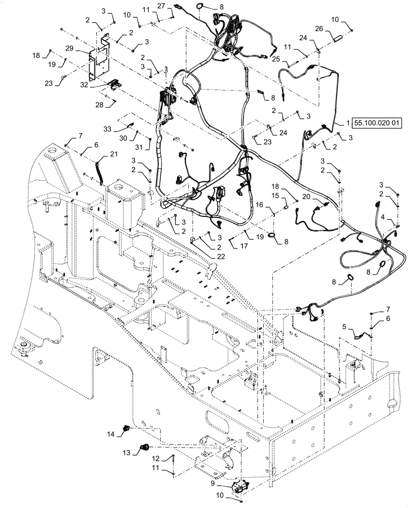 Схема запчастей Case 1021G - (55.100.010[01]) - ENGINE & REAR CHASSIS HARNESS INSTALLATION (55) - ELECTRICAL SYSTEMS