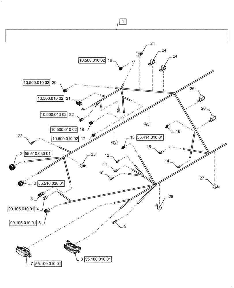 Схема запчастей Case 1021G - (55.100.020[01]) - ENGINE & REAR CHASSIS HARNESS ASSEMBLY (55) - ELECTRICAL SYSTEMS