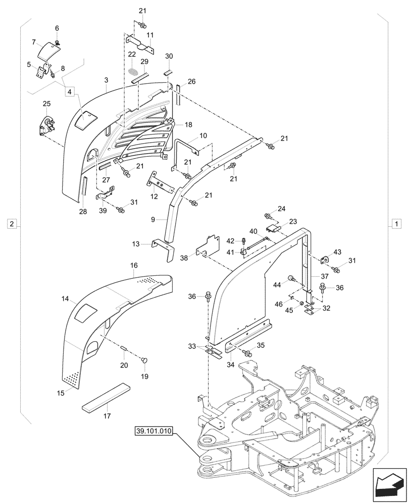 Схема запчастей Case CX26C - (90.100.020) - ENGINE HOOD (90) - PLATFORM, CAB, BODYWORK AND DECALS