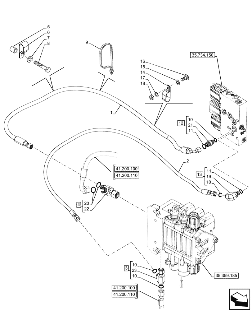 Схема запчастей Case 590SN - (35.525.230) - PILOT CONTROLS, QUICK COUPLER, LINE (35) - HYDRAULIC SYSTEMS