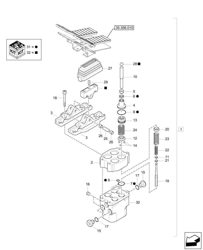 Схема запчастей Case CX26C - (35.356.020) - FOOT CONTROL VALVE, COMPONENTS (35) - HYDRAULIC SYSTEMS