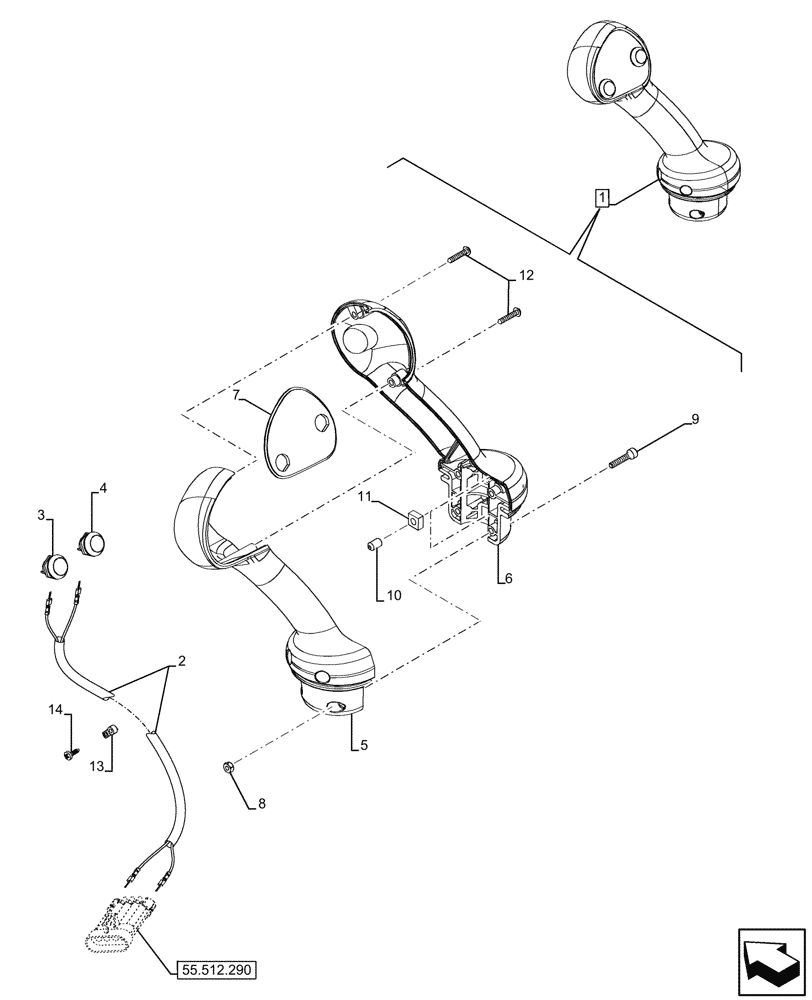 Схема запчастей Case 580N - (55.512.300) - 2-SPOOL CONTROL VALVE, POWERSHUTTLE, TRANSMISSION, LOADER, JOYSTICK, COMPONENTS (55) - ELECTRICAL SYSTEMS