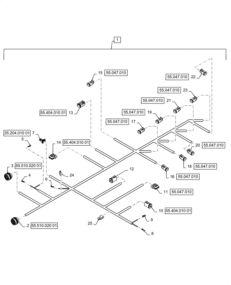 Схема запчастей Case 1121G - (55.100.040[02]) - FRONT CHASSIS HARNESS ASSEMBLY, Z-BAR / XR (55) - ELECTRICAL SYSTEMS