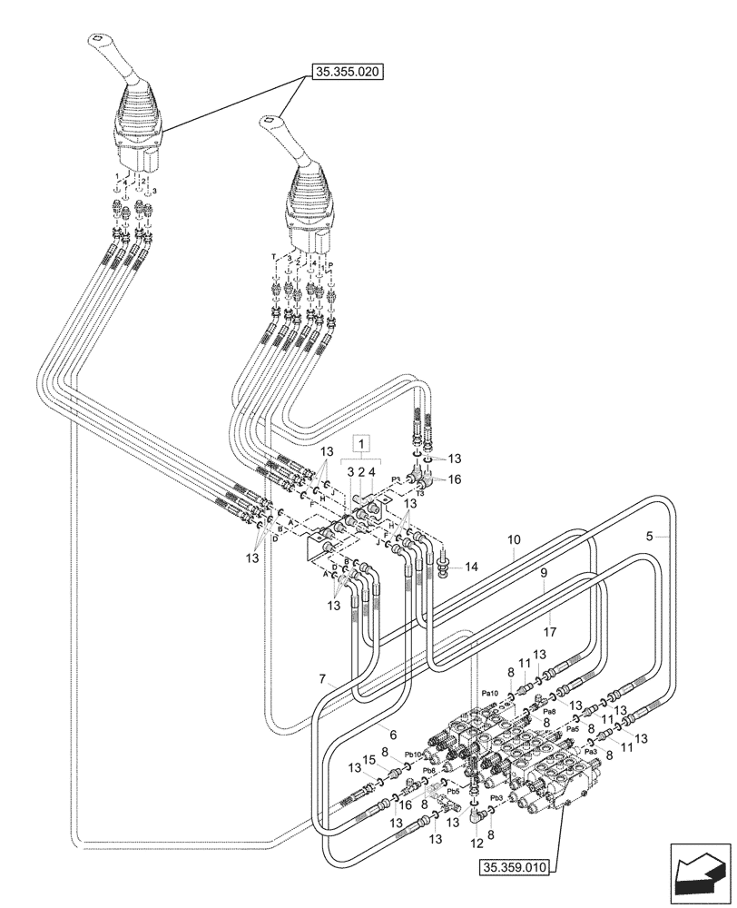 Схема запчастей Case CX26C - (35.355.040) - JOYSTICK, HYDRAULIC LINE, CONTROL VALVE (35) - HYDRAULIC SYSTEMS