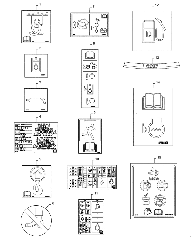 Схема запчастей Case 1121G - (90.108.010[01]) - DECALS COMMON TO MODEL (90) - PLATFORM, CAB, BODYWORK AND DECALS