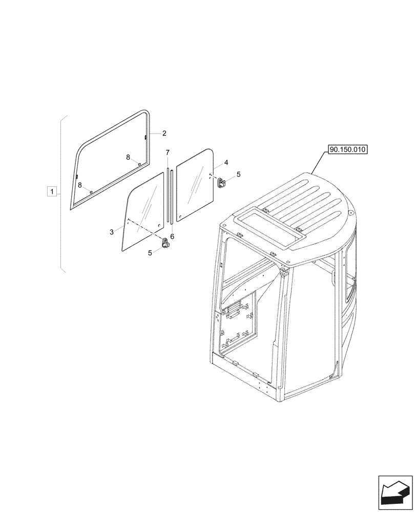 Схема запчастей Case CX26C - (90.156.030) - CAB GLASS, WINDOW, RIGHT SIDE (90) - PLATFORM, CAB, BODYWORK AND DECALS