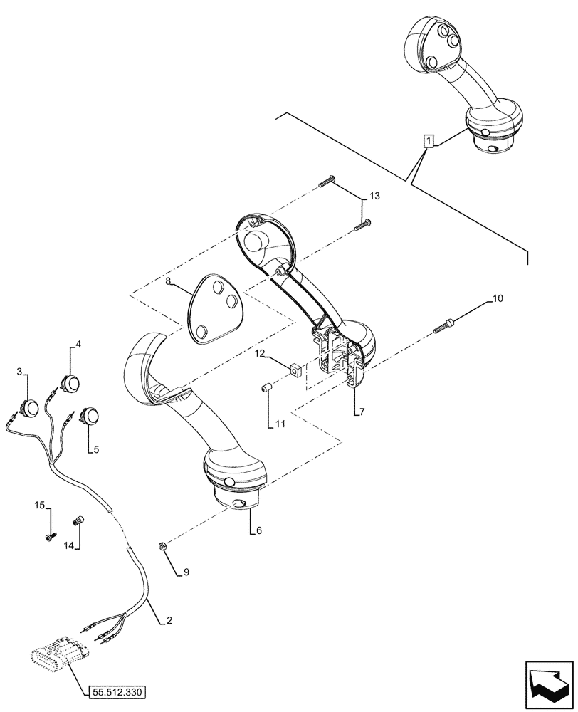 Схема запчастей Case 580SN WT - (55.512.340) - 2-SPOOL CONTROL VALVE, SEMI-POWERSHIFT, POWERSHIFT TRANSMISSION, LOADER, JOYSTICK, COMPONENTS (55) - ELECTRICAL SYSTEMS