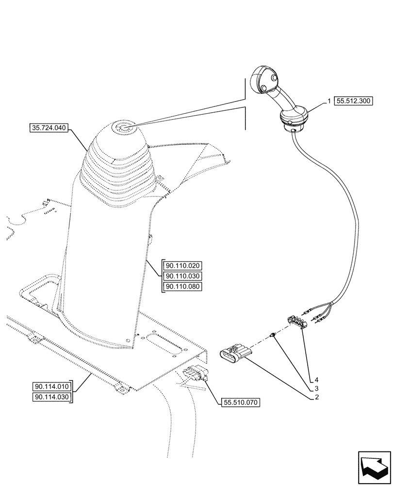 Схема запчастей Case 590SN - (55.512.290) - 2-SPOOL CONTROL VALVE, POWERSHUTTLE, TRANSMISSION, LOADER, JOYSTICK MOUNTING (55) - ELECTRICAL SYSTEMS