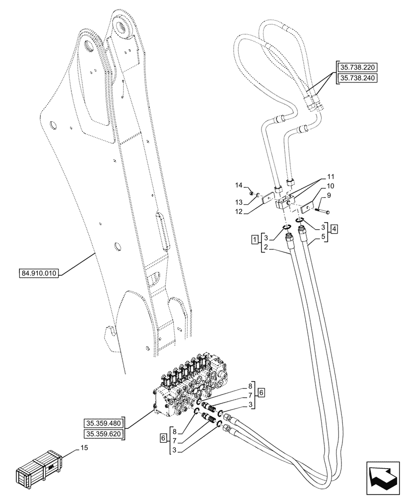 Схема запчастей Case 580N - (35.738.210) - VAR - 423076 - BACKHOE BUCKET, EXTENDABLE DIPPER, CYLINDER, LINE (35) - HYDRAULIC SYSTEMS