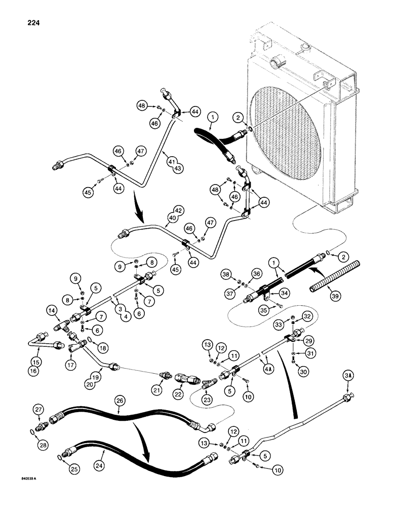 Схема запчастей Case 1150D - (224) - TRANS HYD CIRCUIT, COOLING SYSTEM, USED ON MODELS W/RADIATOR COOLER TANK ON THE SIDE (06) - POWER TRAIN