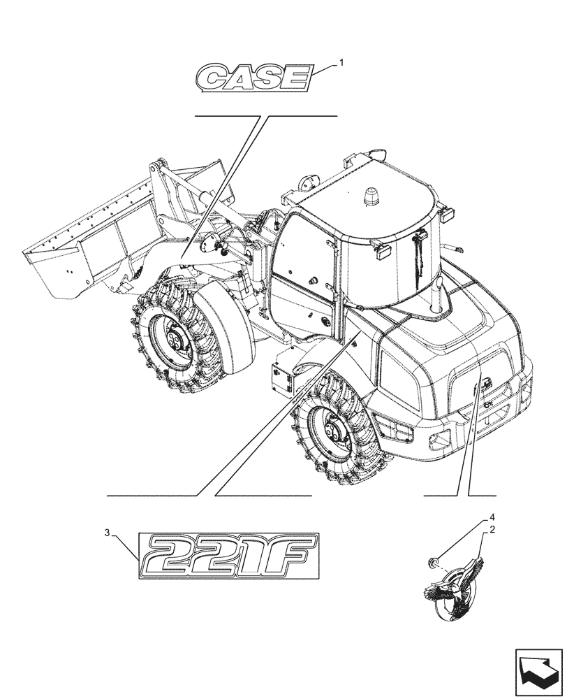 Схема запчастей Case 221F - (90.108.AB[01A]) - DECALS, MODEL - BEGIN SN NGHP00539 (90) - PLATFORM, CAB, BODYWORK AND DECALS