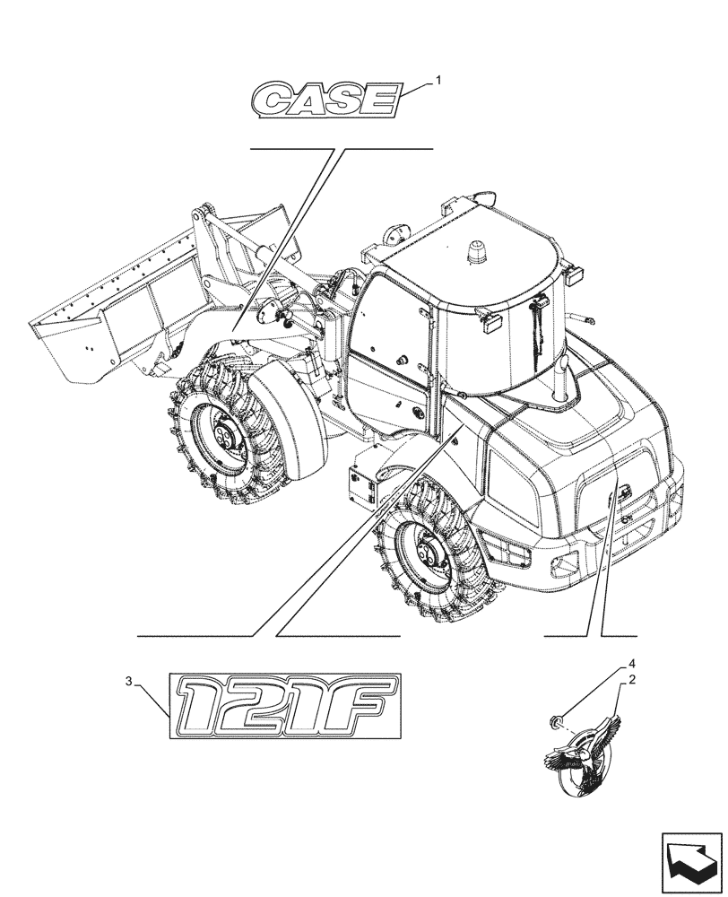 Схема запчастей Case 121F - (90.108.AB[01A]) - DECALS, MODEL - BEGIN SN NGHP00539 (90) - PLATFORM, CAB, BODYWORK AND DECALS