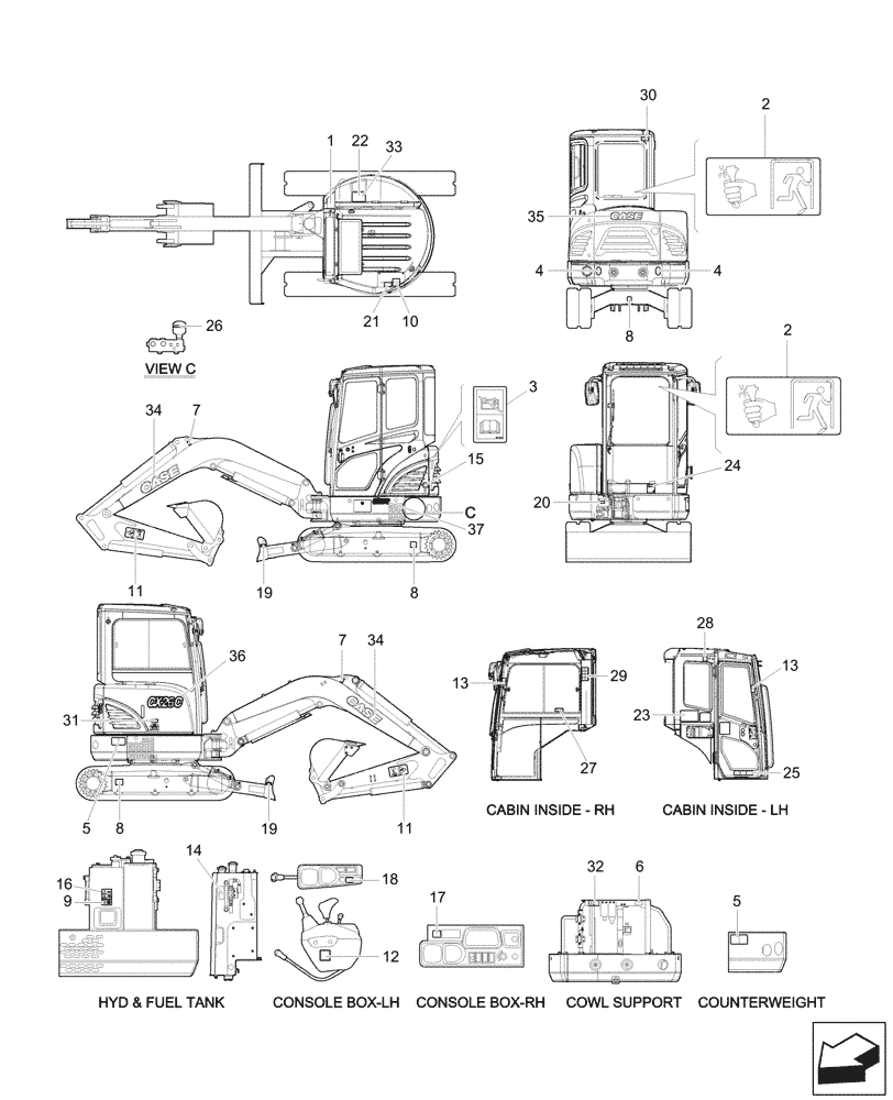 Схема запчастей Case CX26C - (90.108.010) - DECAL - CAB (90) - PLATFORM, CAB, BODYWORK AND DECALS