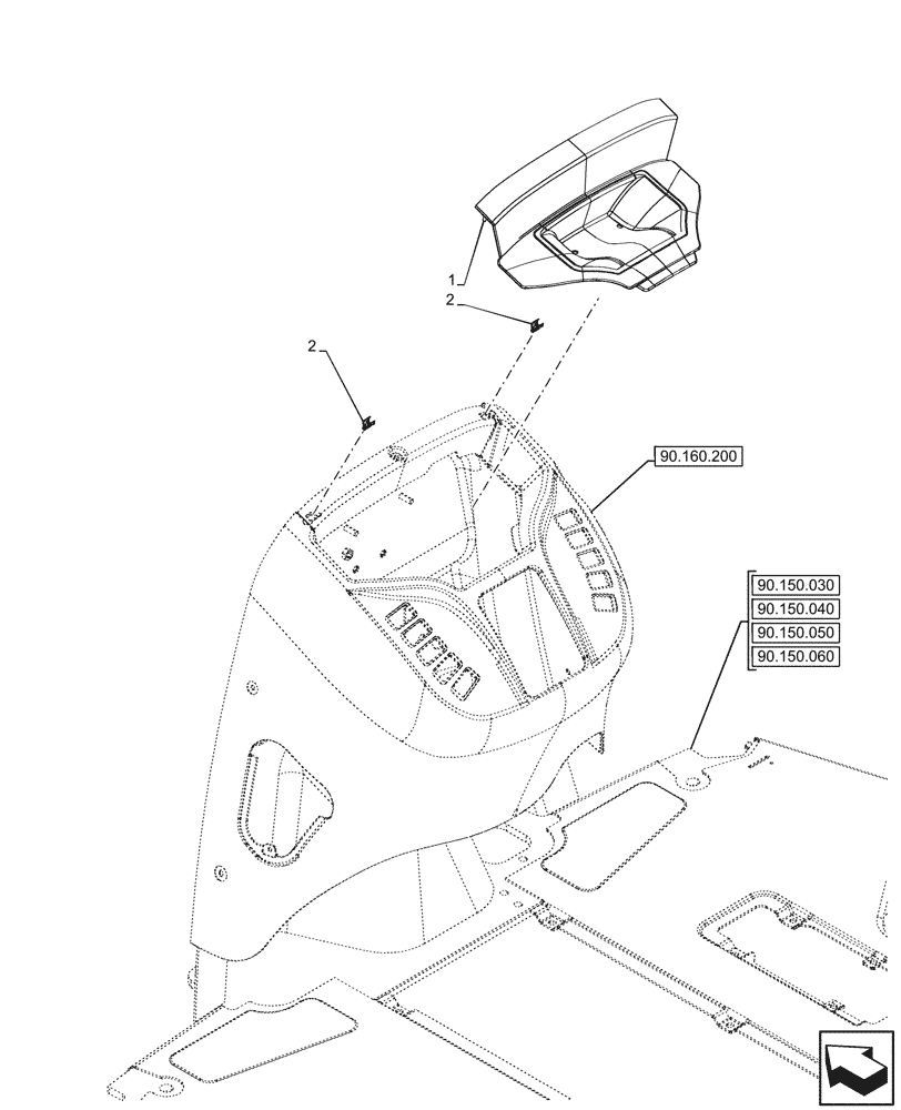 Схема запчастей Case 580SN WT - (90.160.210) - VAR - 423058, 423059, 423060, 423061, 423062 - CAB, FRONT, CONSOLE, COVERS (90) - PLATFORM, CAB, BODYWORK AND DECALS