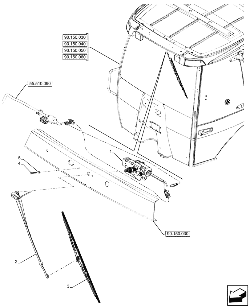 Схема запчастей Case 590SN - (55.518.030) - VAR - 747853, 747854, 747855 - CAB, WINDSHIELD WIPER, MOTOR, ARM, BLADE (55) - ELECTRICAL SYSTEMS