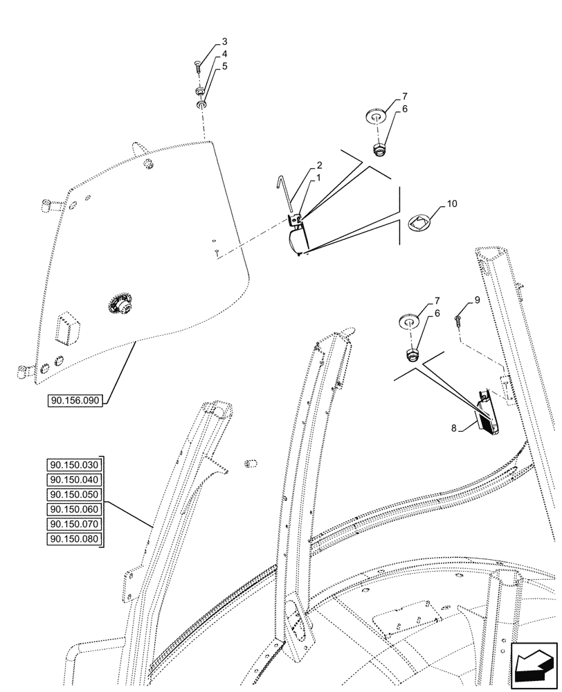 Схема запчастей Case 590SN - (90.156.110) - VAR - 747853, 747854, 747855 - CAB, RIGHT, LATERAL WINDOW, HANDLE, LATCH (90) - PLATFORM, CAB, BODYWORK AND DECALS