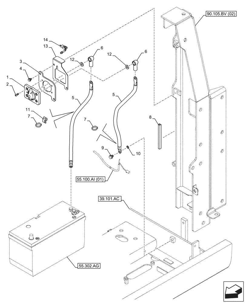 Схема запчастей Case CX210D LC LR - (55.302.AI[02]) - BATTERY ISOLATOR, SWITCH - ASN NGS7H1300 (55) - ELECTRICAL SYSTEMS