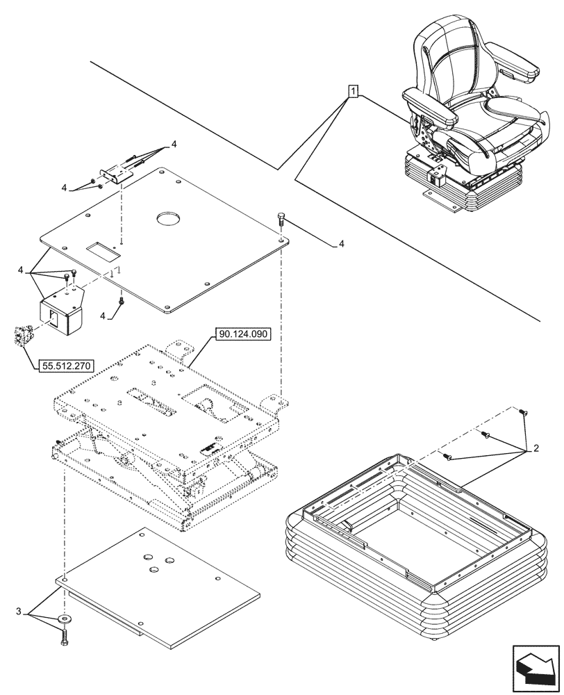 Схема запчастей Case 590SN - (90.124.100) - VAR - 745160 - SEAT AIR SUSPENSION, VINYL, BELLOWS, PEDESTAL, COMPONENTS (90) - PLATFORM, CAB, BODYWORK AND DECALS